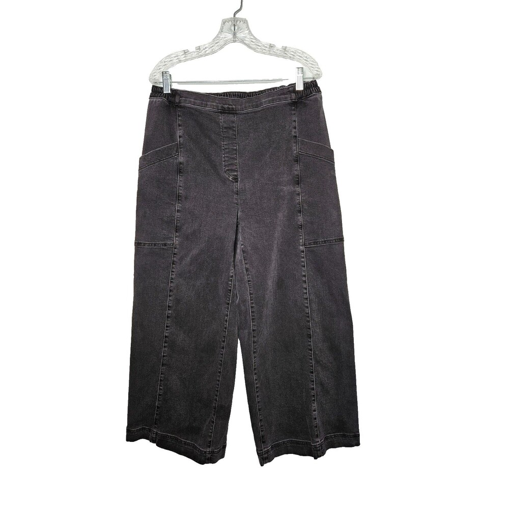 LISA BAYNE Pull On Wide Leg Black Denim Jeans Large Comfort Boho Pocket Crop